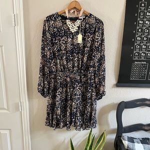 NWT Jodifl dress 1x plus size navy print lined long sheer sleeved elastic waist